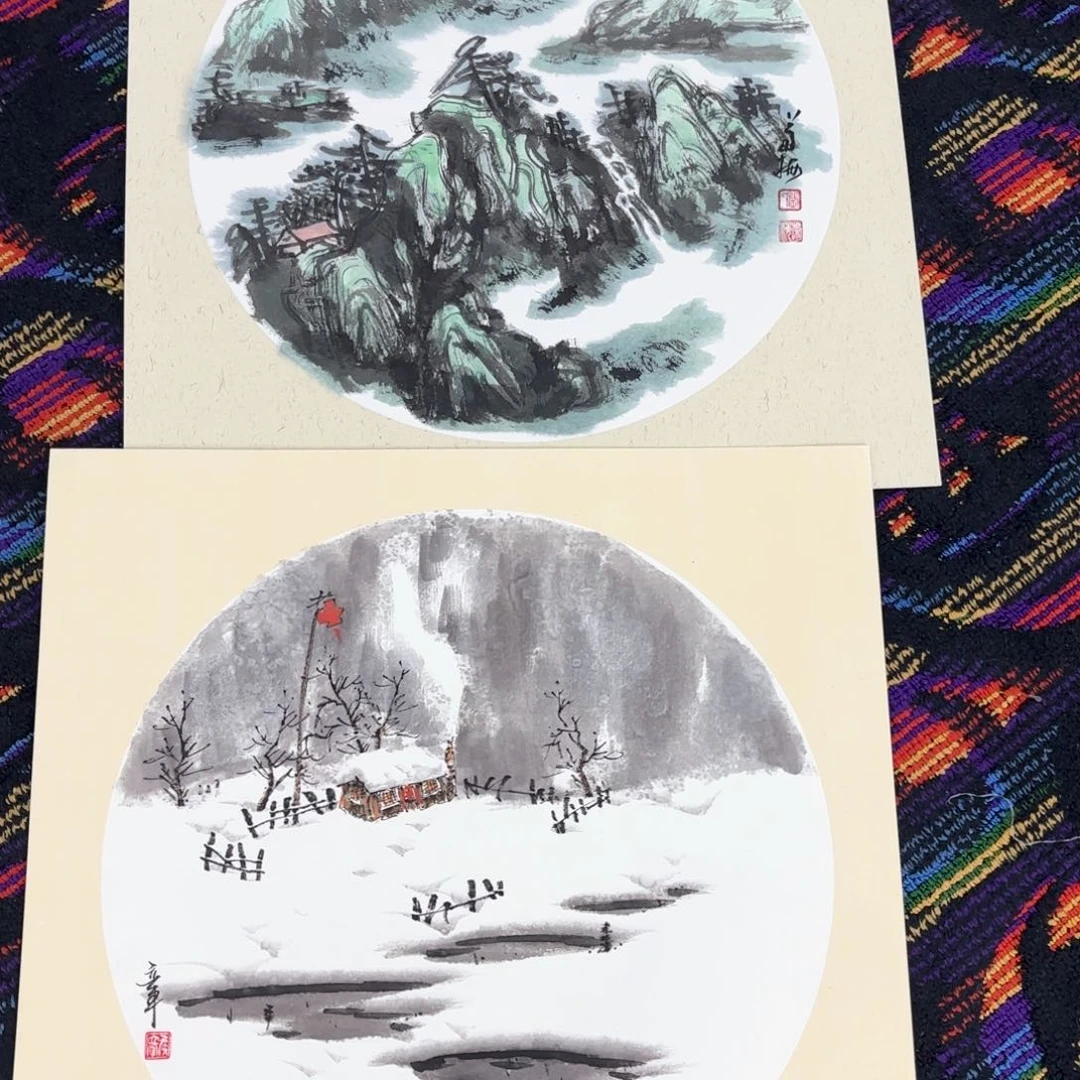 国画大**者两张山水斗方卡纸