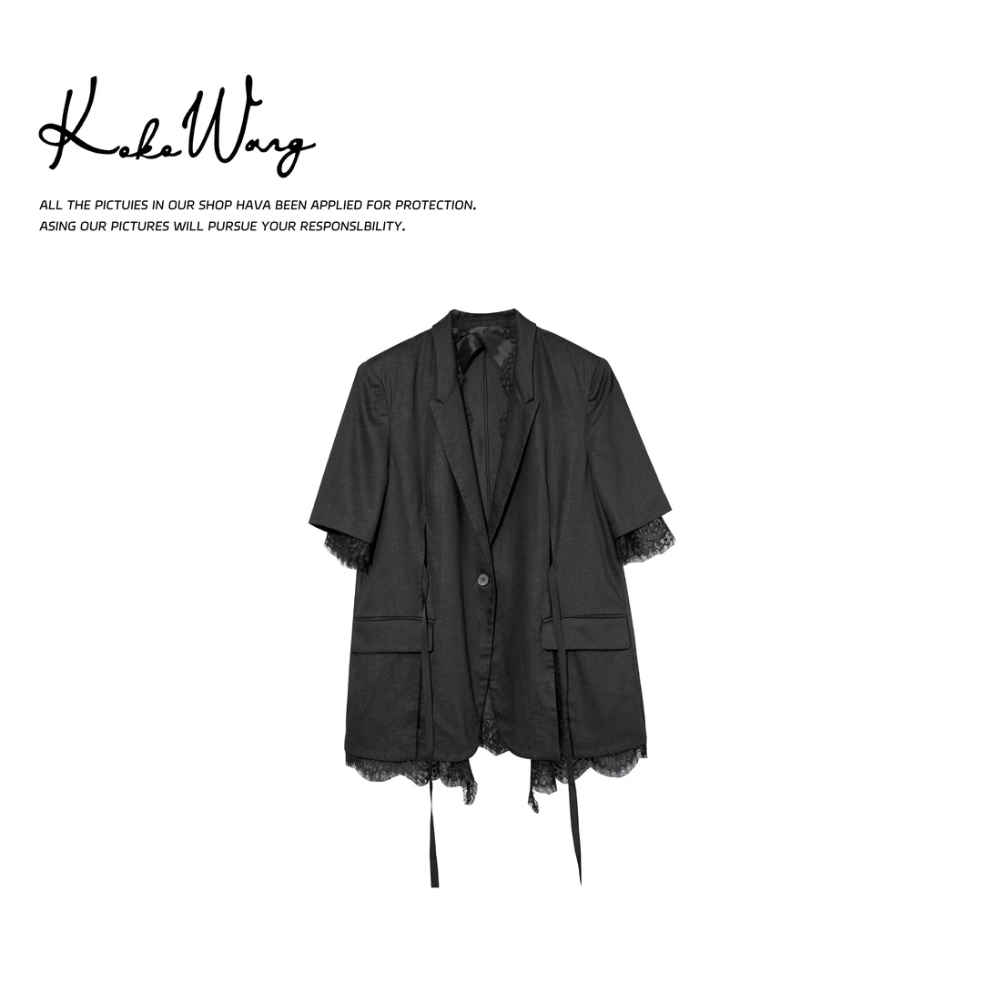 KOKOWANG夏季天丝亚麻蕾丝拼接显瘦百搭短袖西服外套525705C22W41