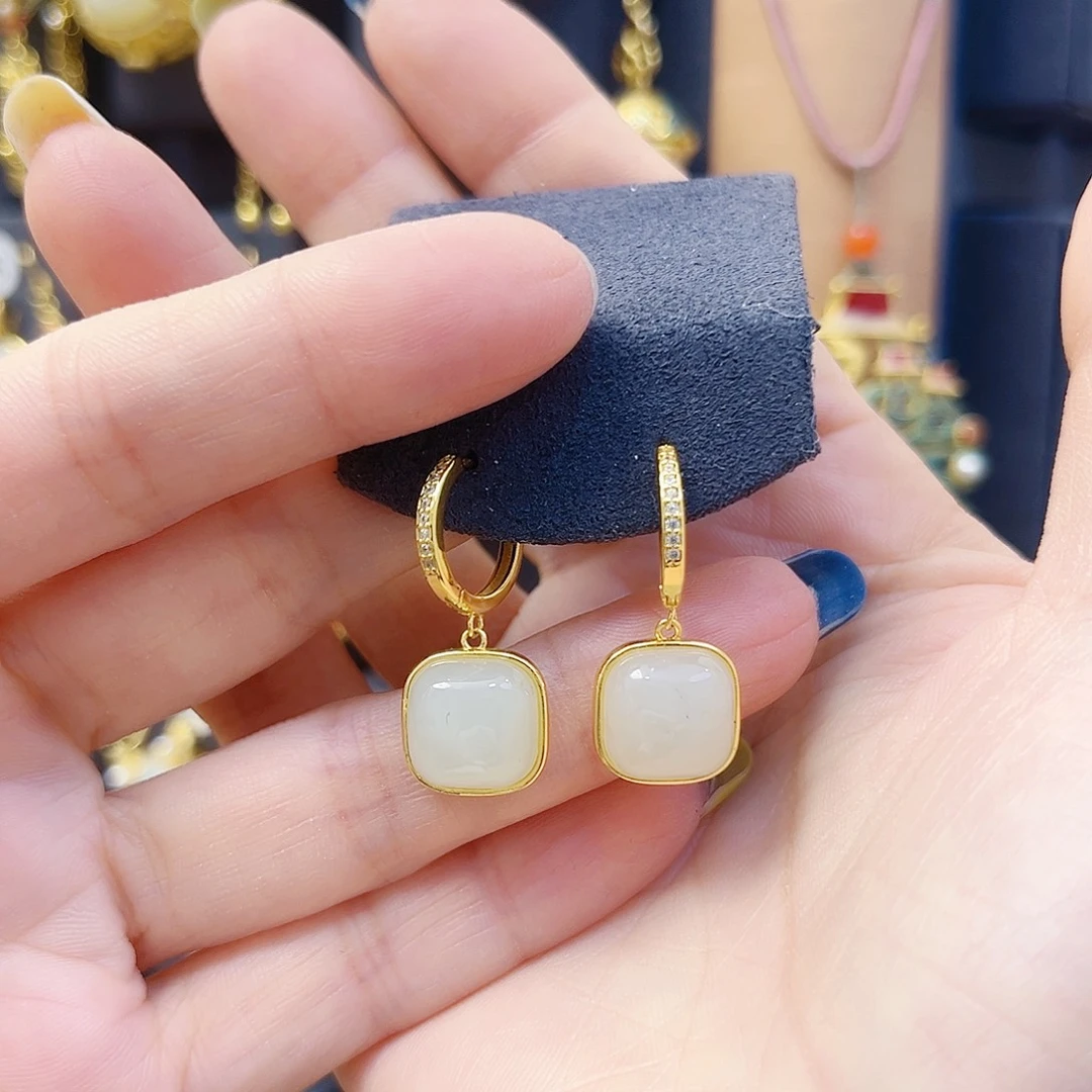 和田玉银S925镀金镶嵌耳饰