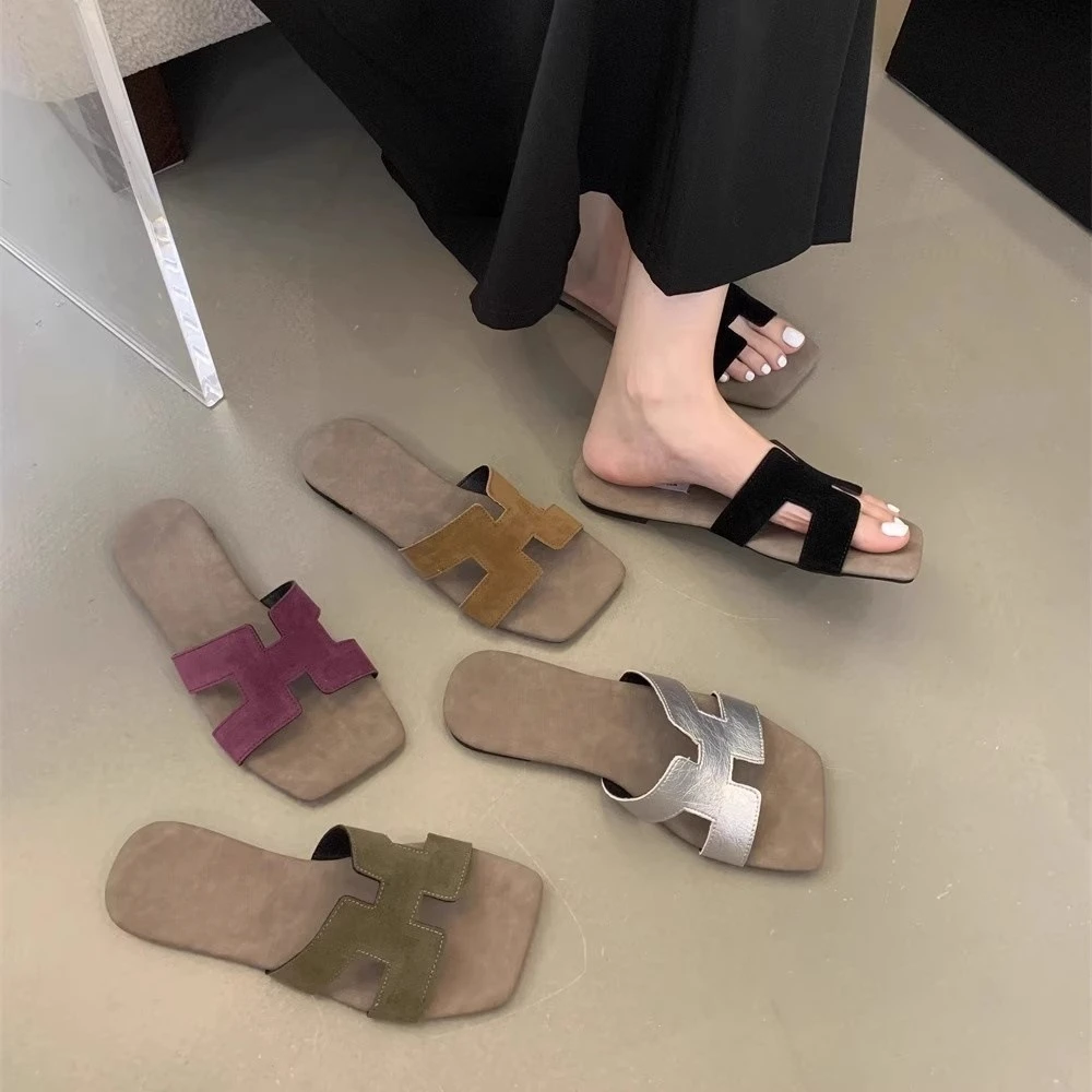 2025新款网红仙女巨软平底防滑拖鞋女方头夏外穿度假H一字沙滩鞋