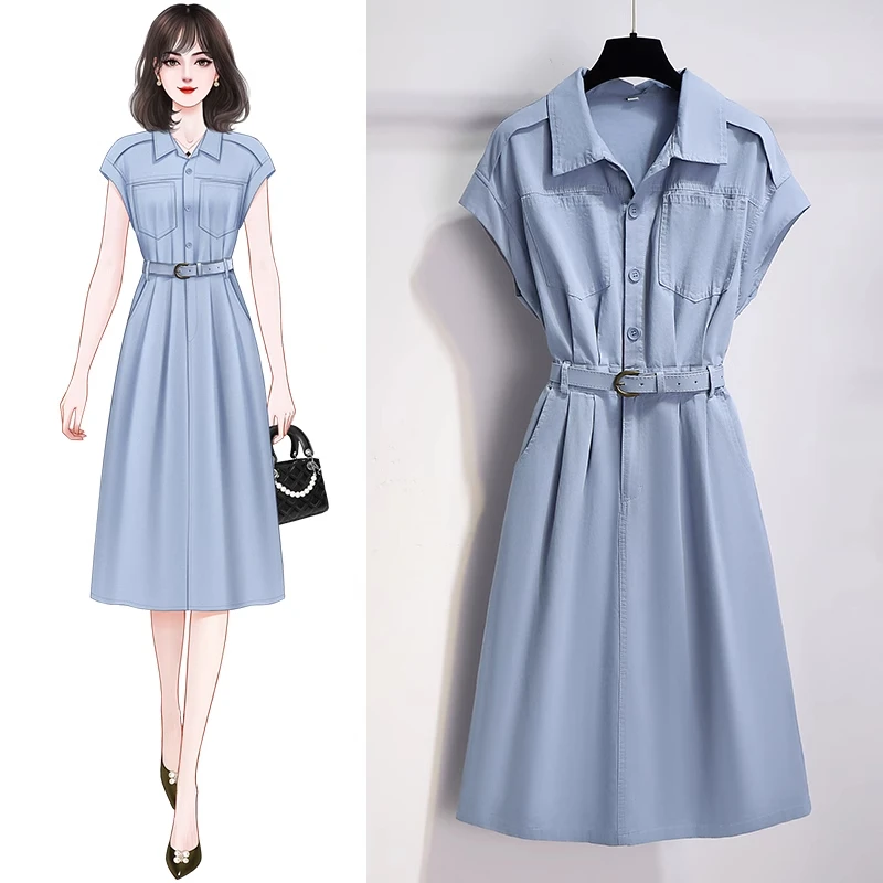 La babite蓝色衬衫式连衣裙轻奢高级感女式2025新款夏气质收腰裙