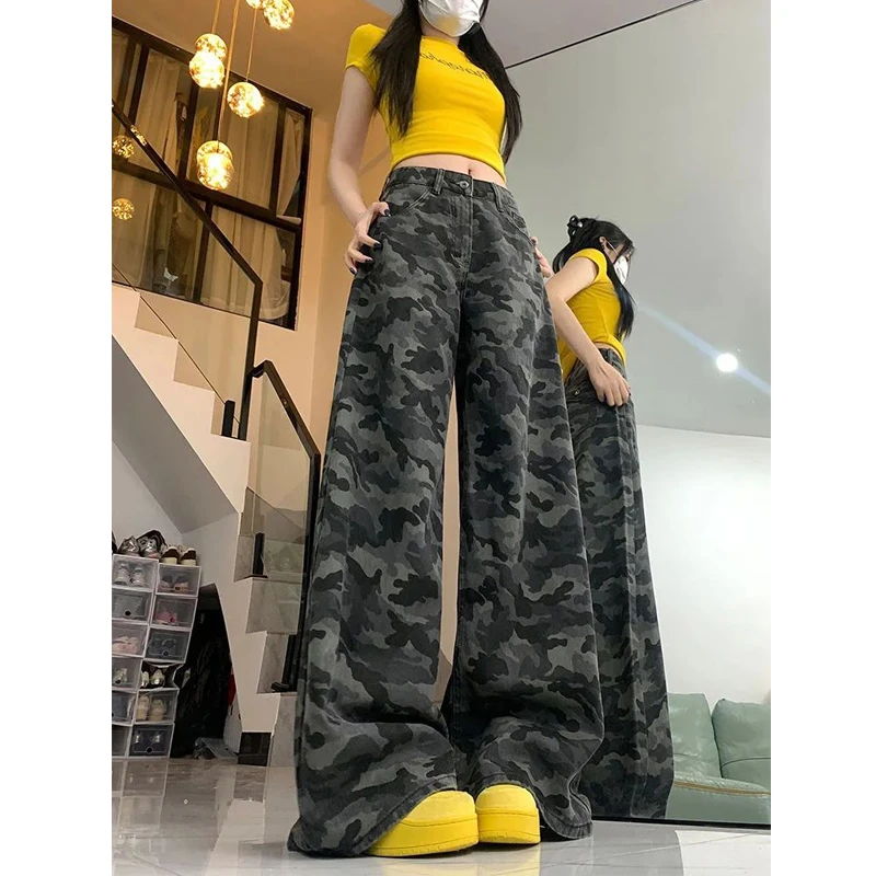 美式高街工装阔腿牛仔裤女复古迷彩高腰显瘦百搭高级设计感直筒裤