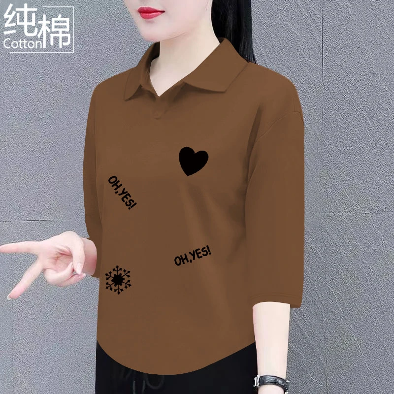 纯棉七分袖t恤女夏季新款翻领百搭宽松显瘦时尚洋polo领上衣