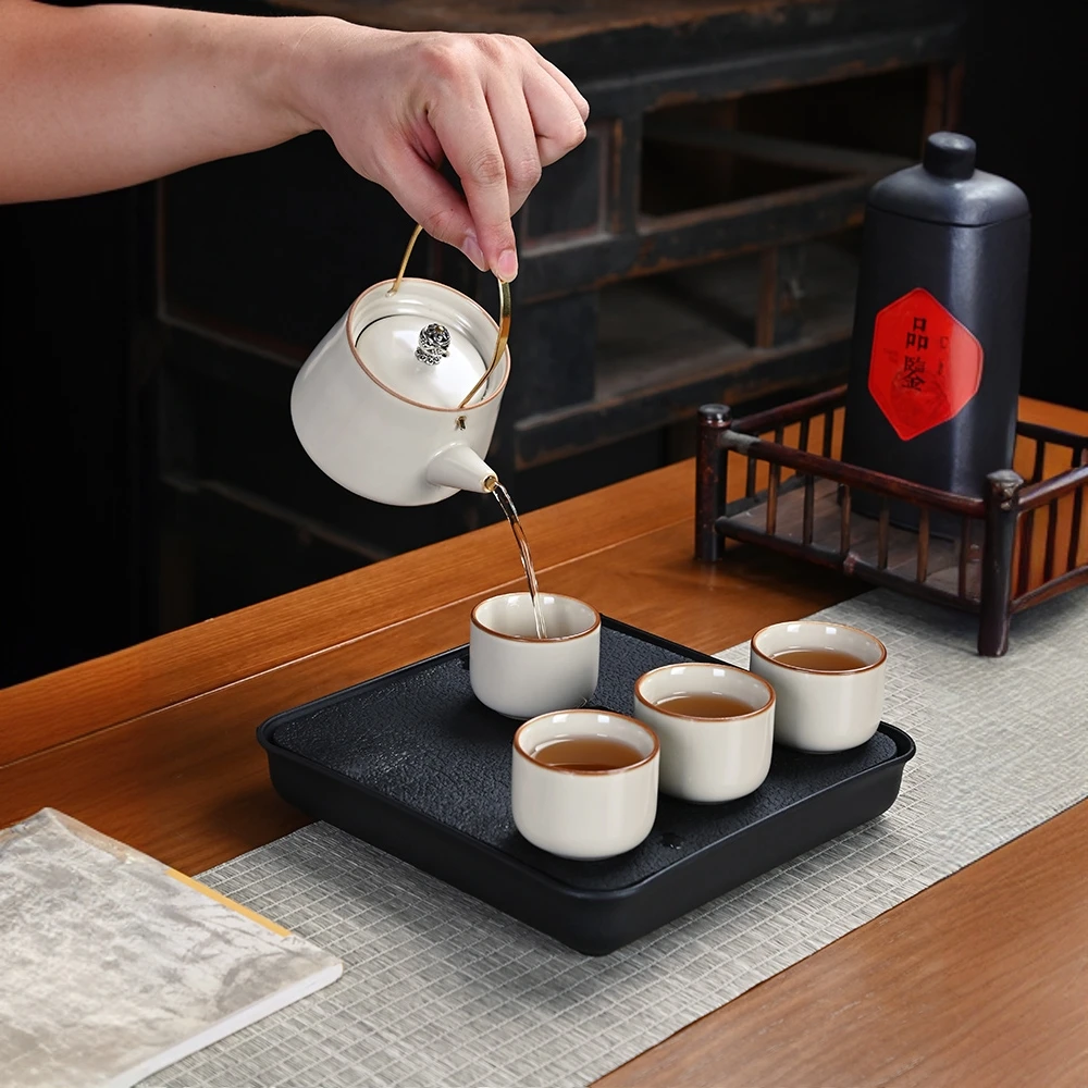 顾竹汝窑提梁壶泡茶壶茶杯简约酒店家用户外旅行茶具