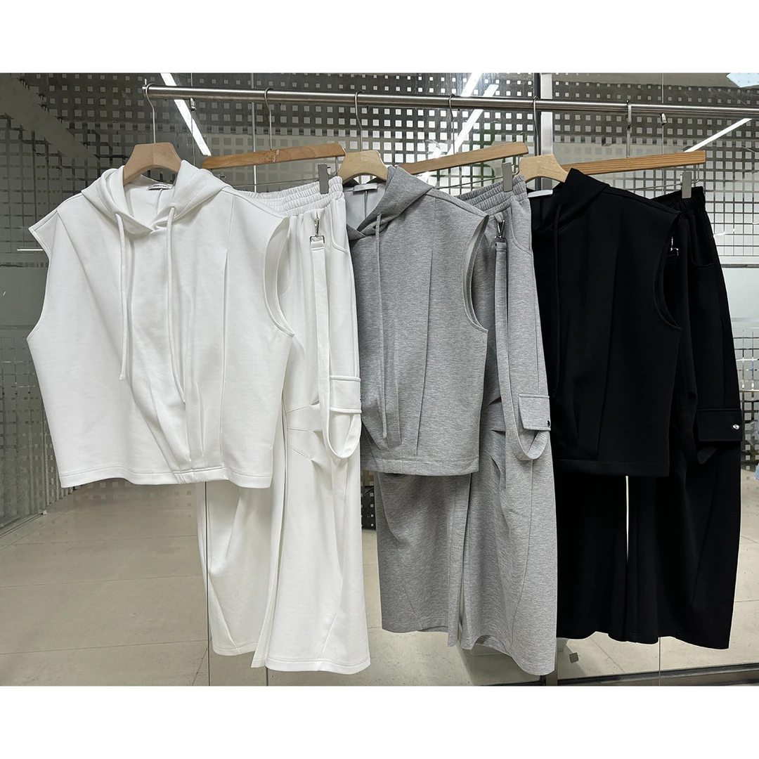 龙叨叨夏季新款潮流美式高级感简约无袖连帽卫衣宽松工装背带长裤