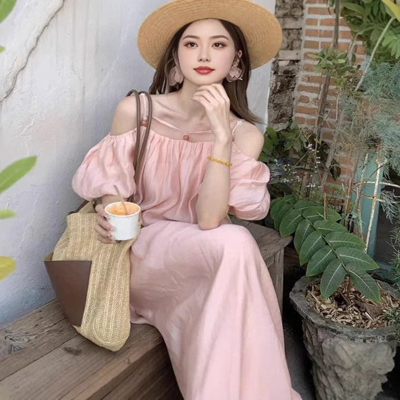 少女感春夏温柔风一字领露肩短袖两穿连衣裙裙子旅游穿搭粉色显瘦
