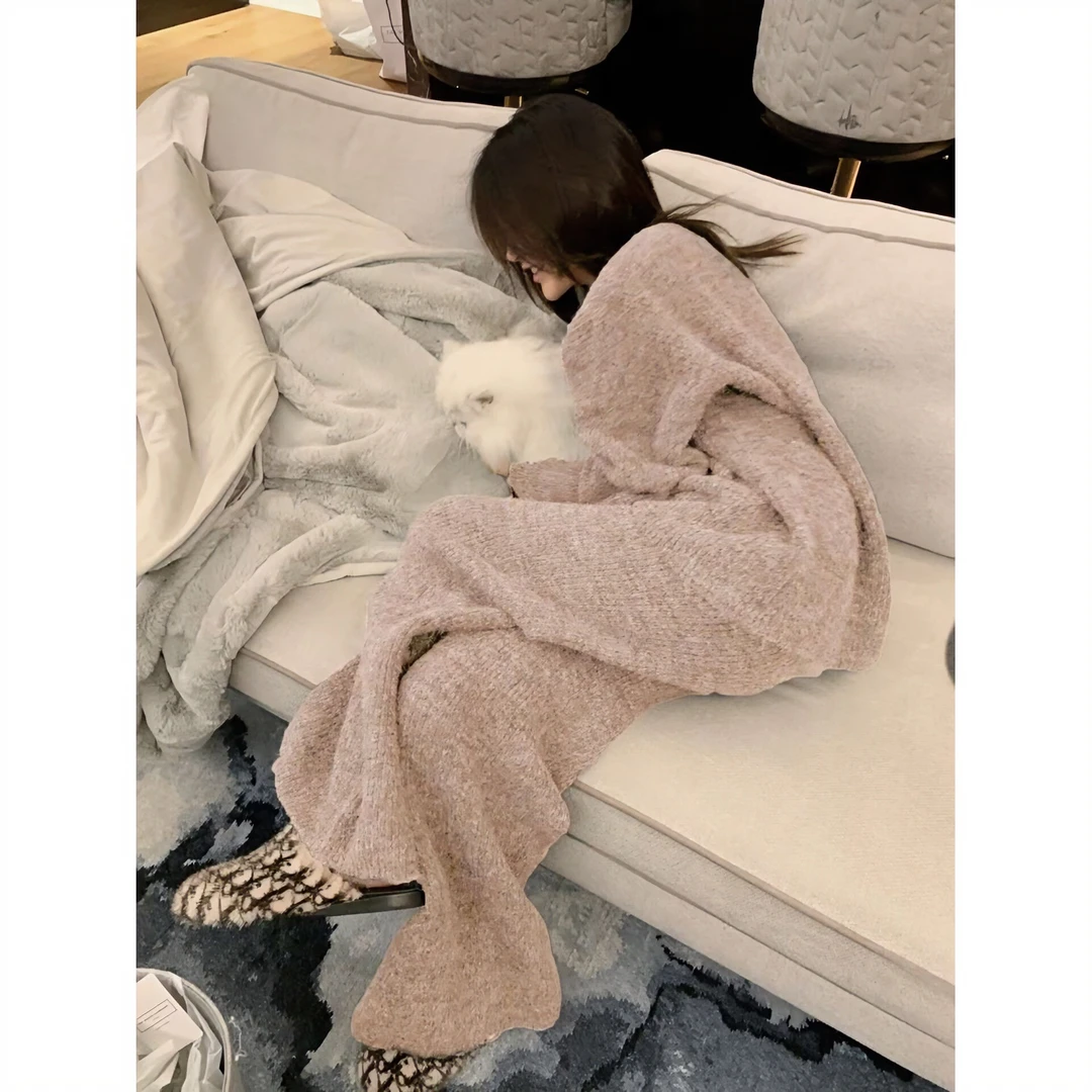 2024年韩系高级感纯色半边绒睡衣女冬款加厚毛绒针织家居服套装