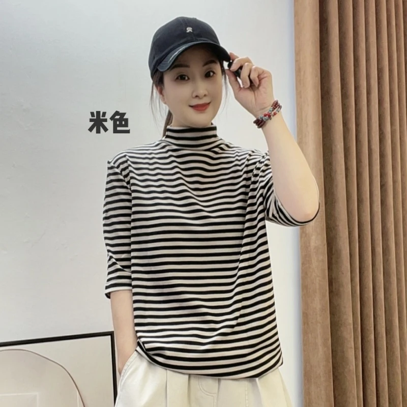 0802#休闲百搭秋季显瘦时尚中袖条纹半高领套头打底T恤