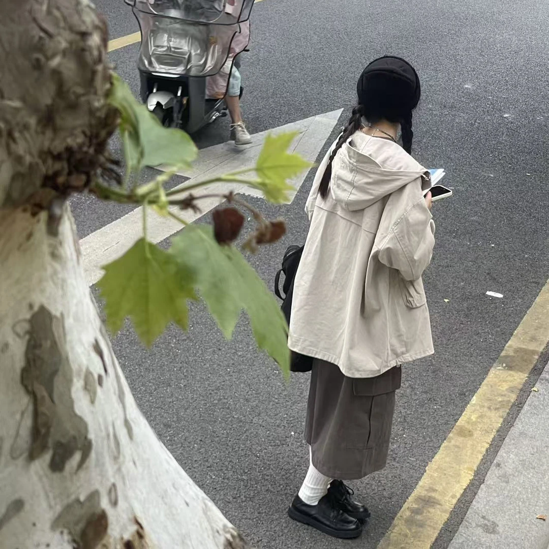 秋冬新款复古慵懒风连帽纯色大口袋派克服外套5684