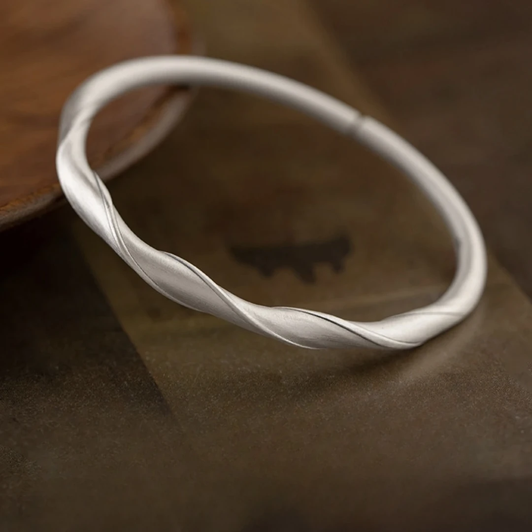 足银手镯 【绕丝纹开口手镯】足银999时尚百搭简约实心设计感