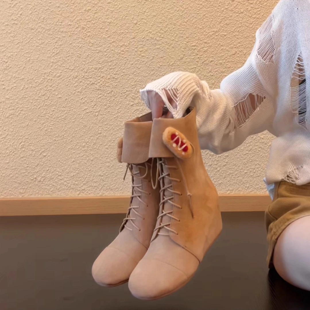 Pokoy-6cm复古外穿绑带马丁靴女厚底高筒弹力靴高筒靴