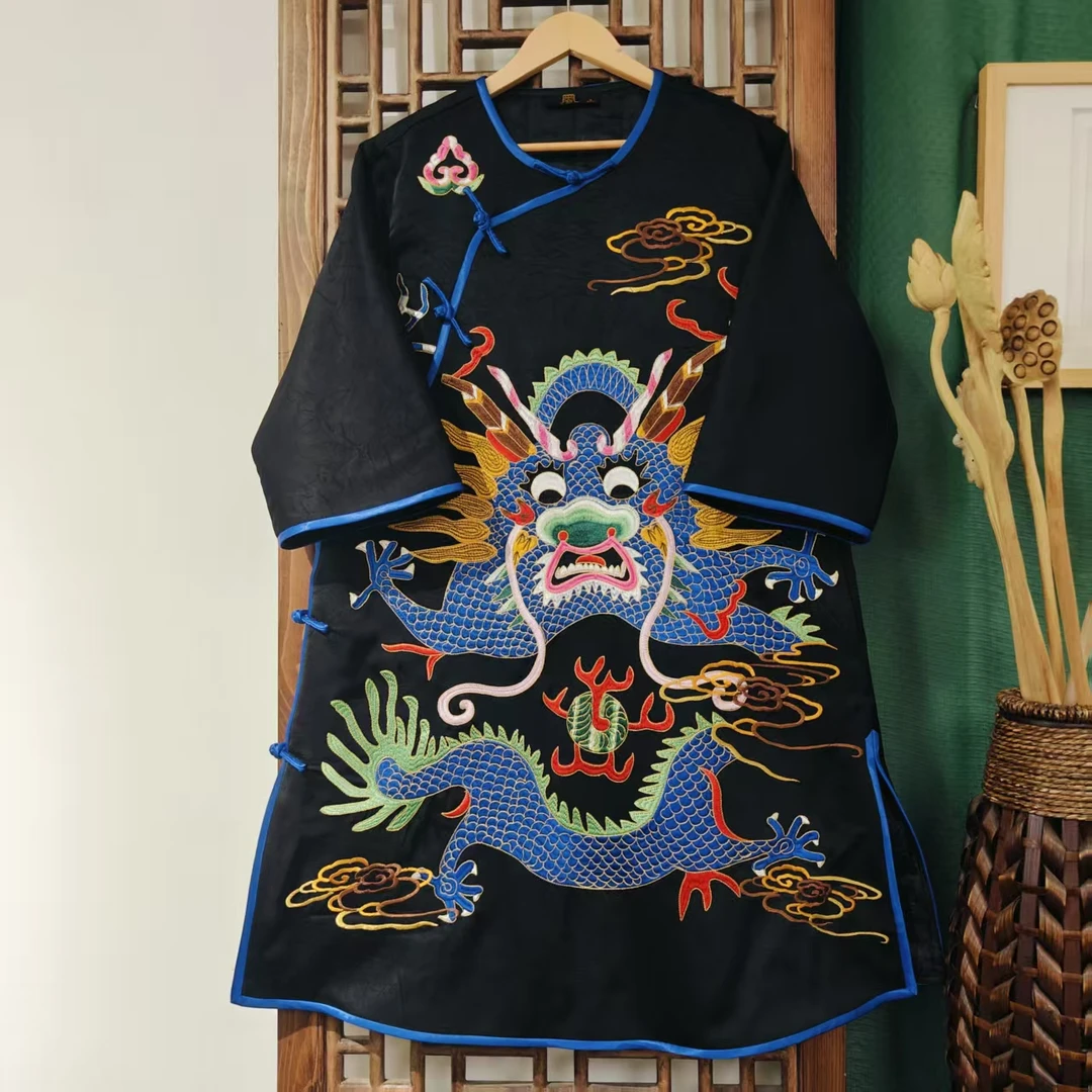 棉（HY1023-2）凤徕兮私人定制黑色光板底蓝色座龙刺绣斜襟盘扣棉服