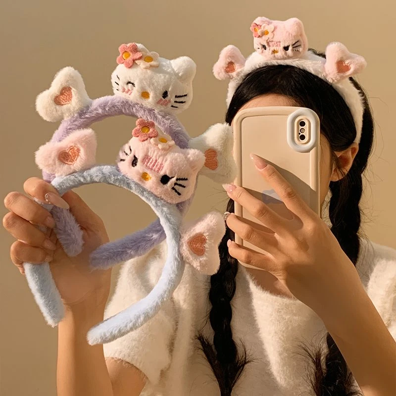 可爱花朵kitty小猫毛绒发箍女秋冬洗脸化妆压发防滑发卡发饰头箍