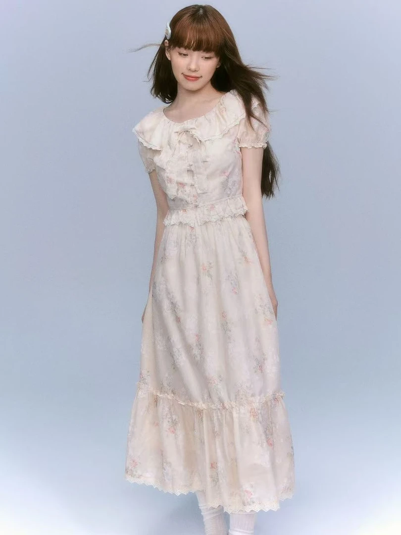 甜美粉碎花浪漫少女甜系套装长裙2025夏季新品