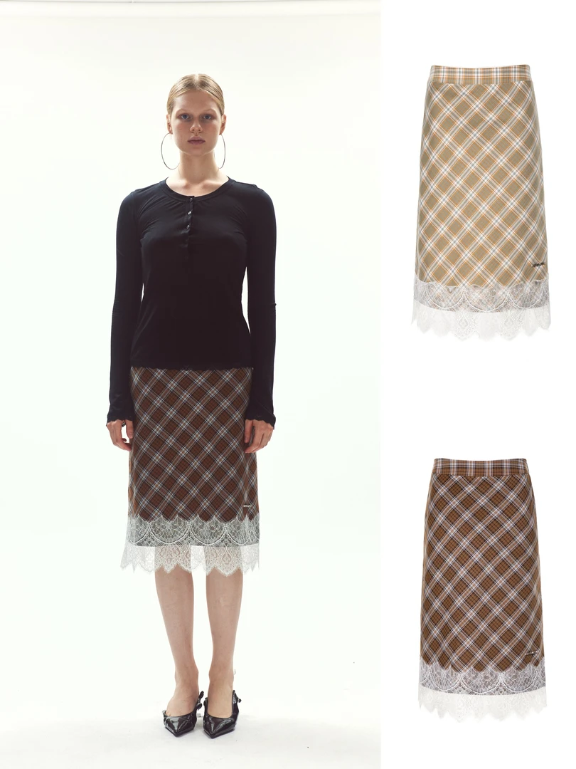 【REFOUND TEN】25早春RTS5-BQ006设计师下摆拼接蕾丝格子半身裙