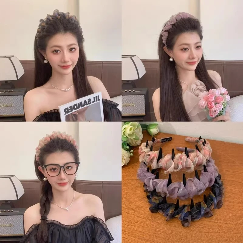 炫彩渐变超仙褶皱网纱波浪发箍女2025新款夏季带齿防滑高颅顶头箍