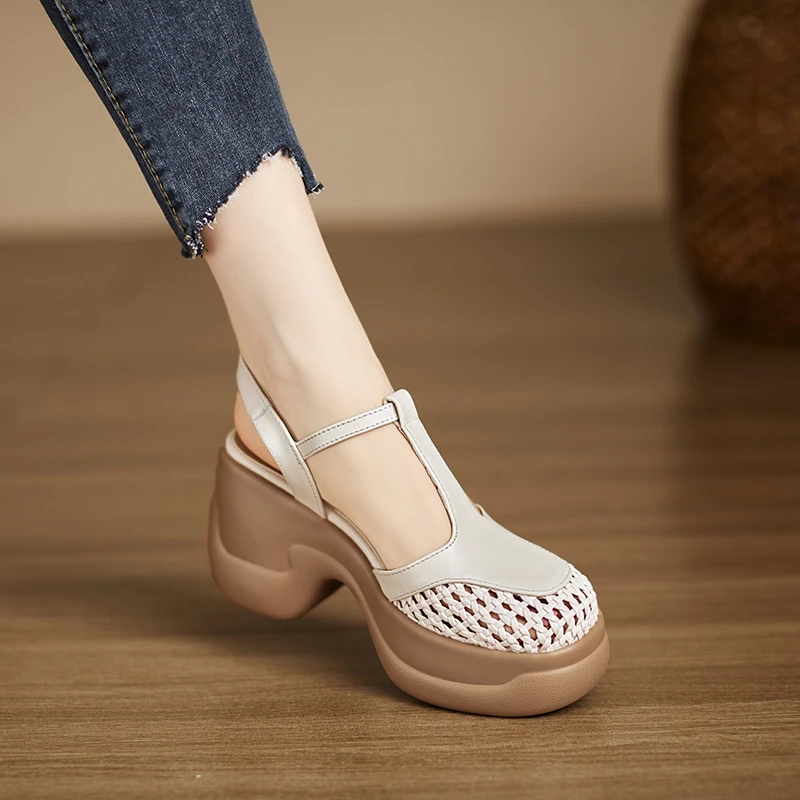 小个子增高9.5cm~镂空包头高跟凉鞋女夏季新款T字带洞洞鞋中空鞋