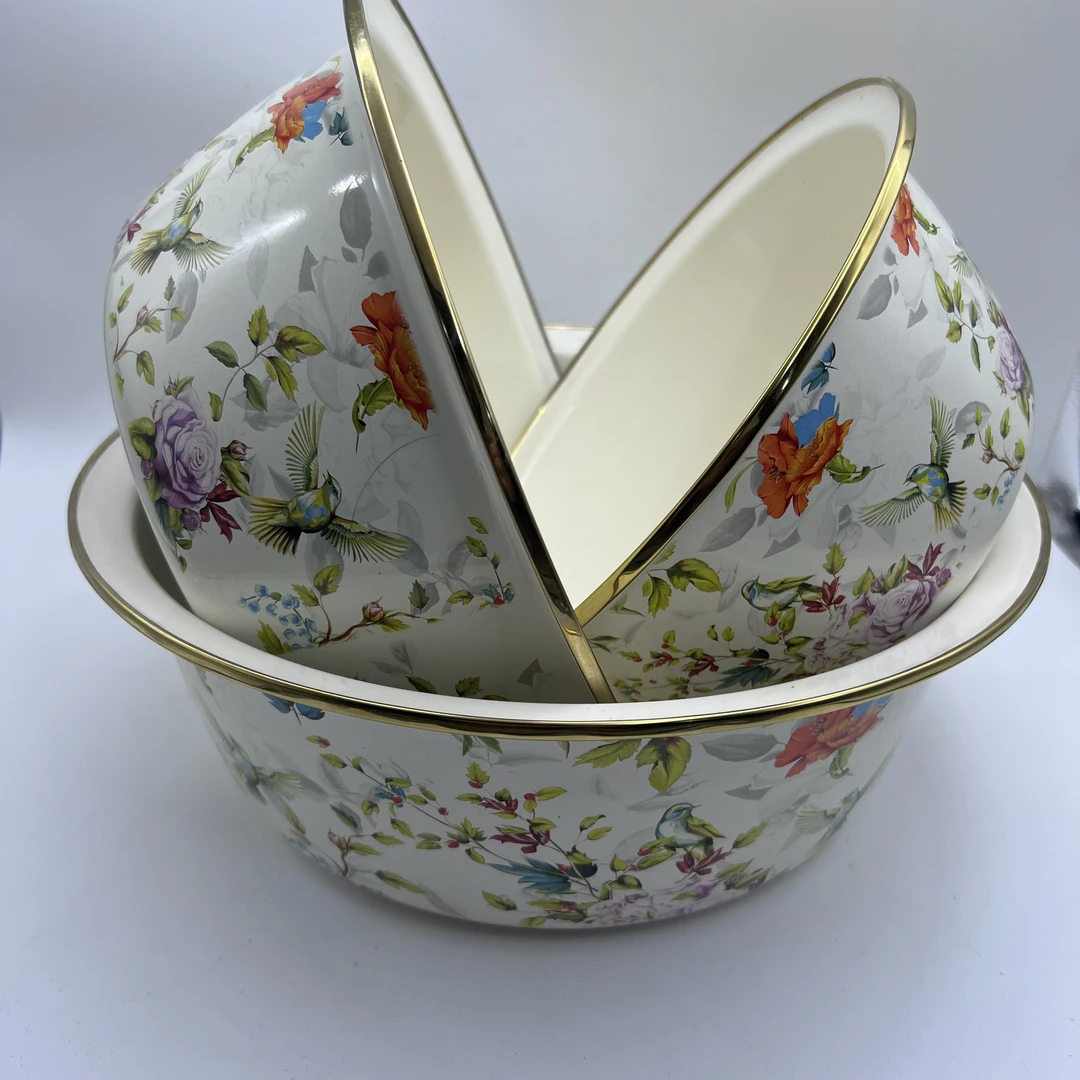 24cm28cm32cm【花鸟】搪瓷珐琅和面盆三件套电磁炉明火通用