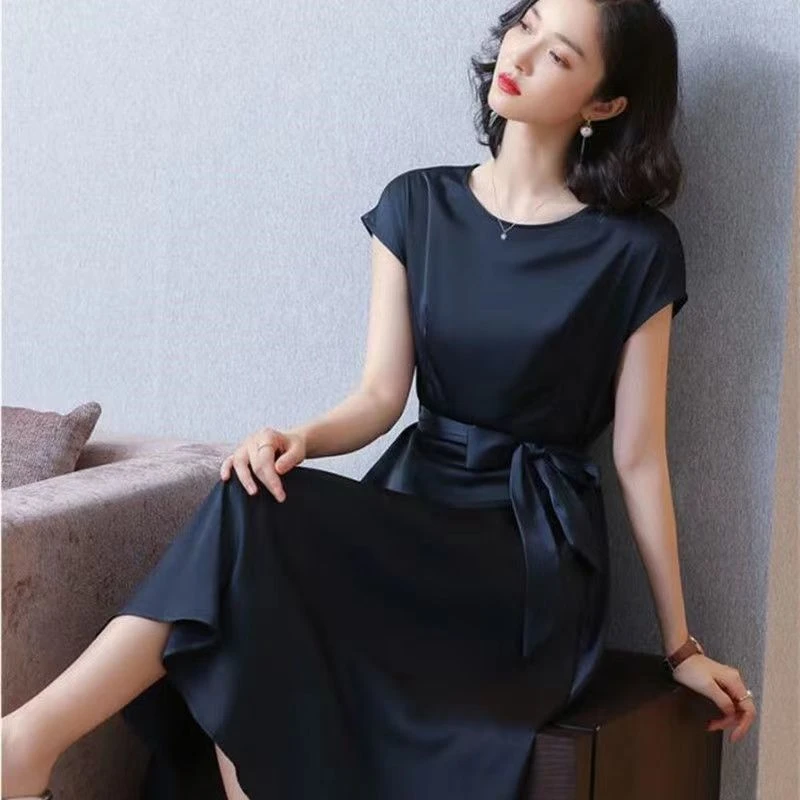 百搭连衣裙妈妈装女夏季2025新款短袖宽松大码中长款潮流款裙子女