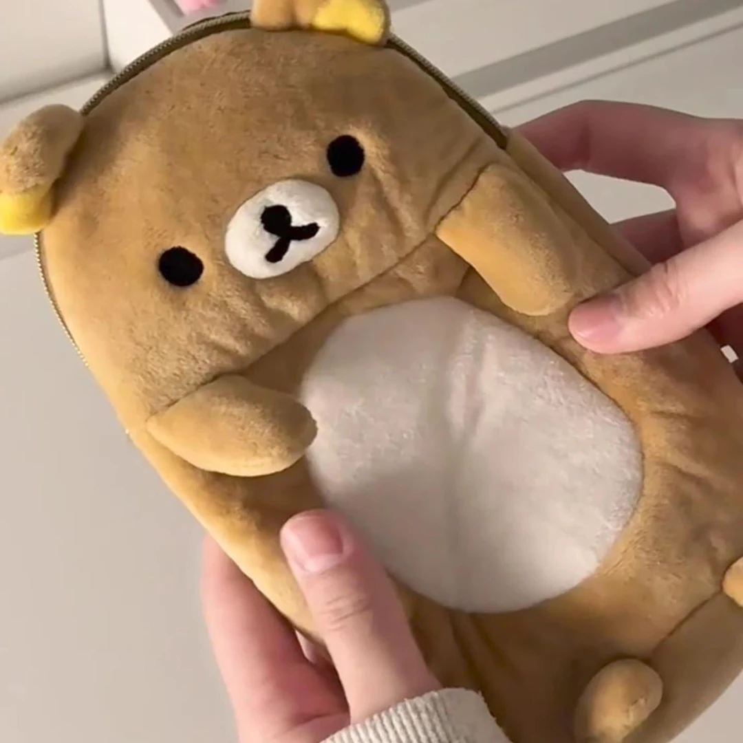 轻松熊可爱毛绒拉链收纳包小众可爱萌系礼物零钱包大容量文具笔袋