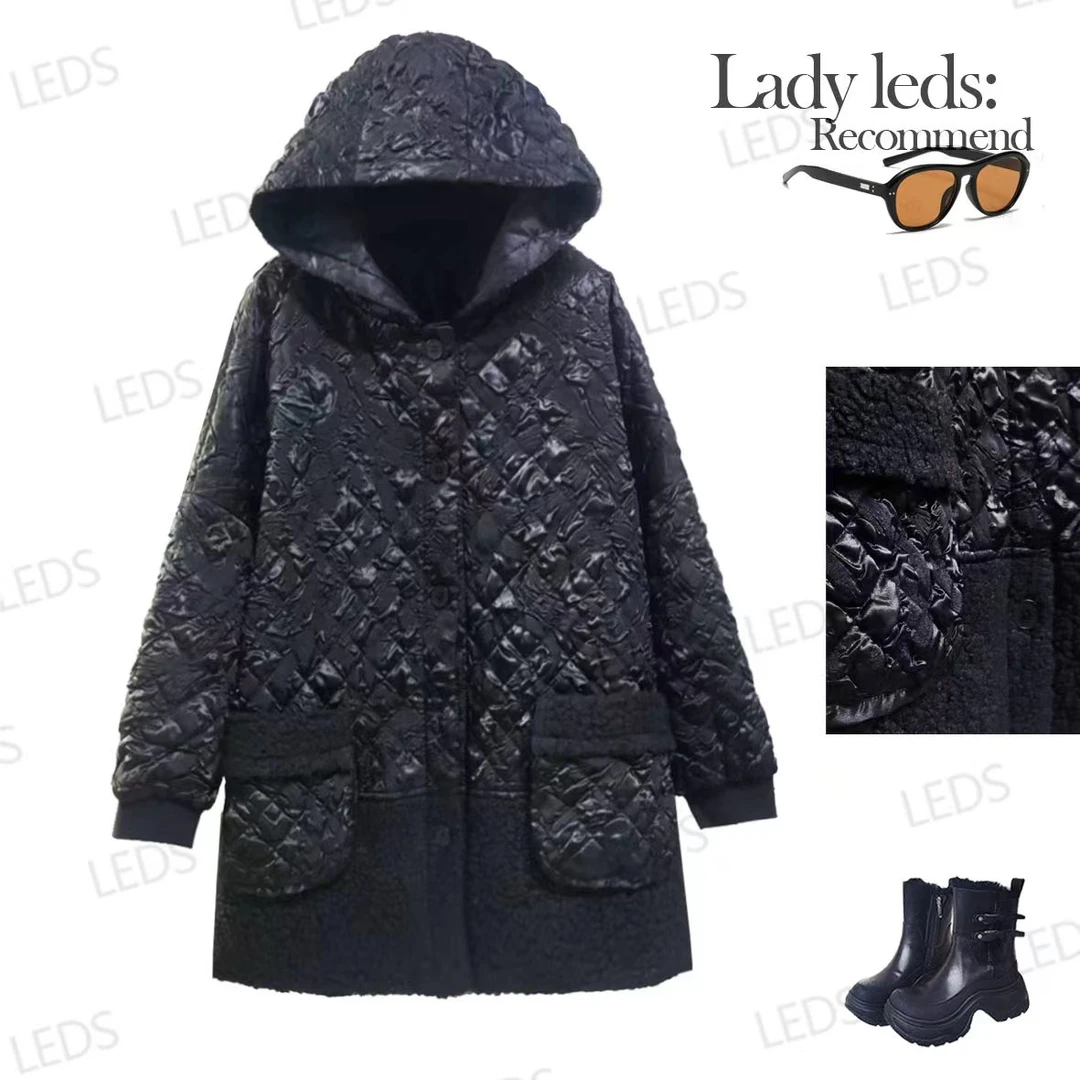 LEDS 25922冬季黑色肌理纹连帽立体暗纹拼接冷艳气场外套