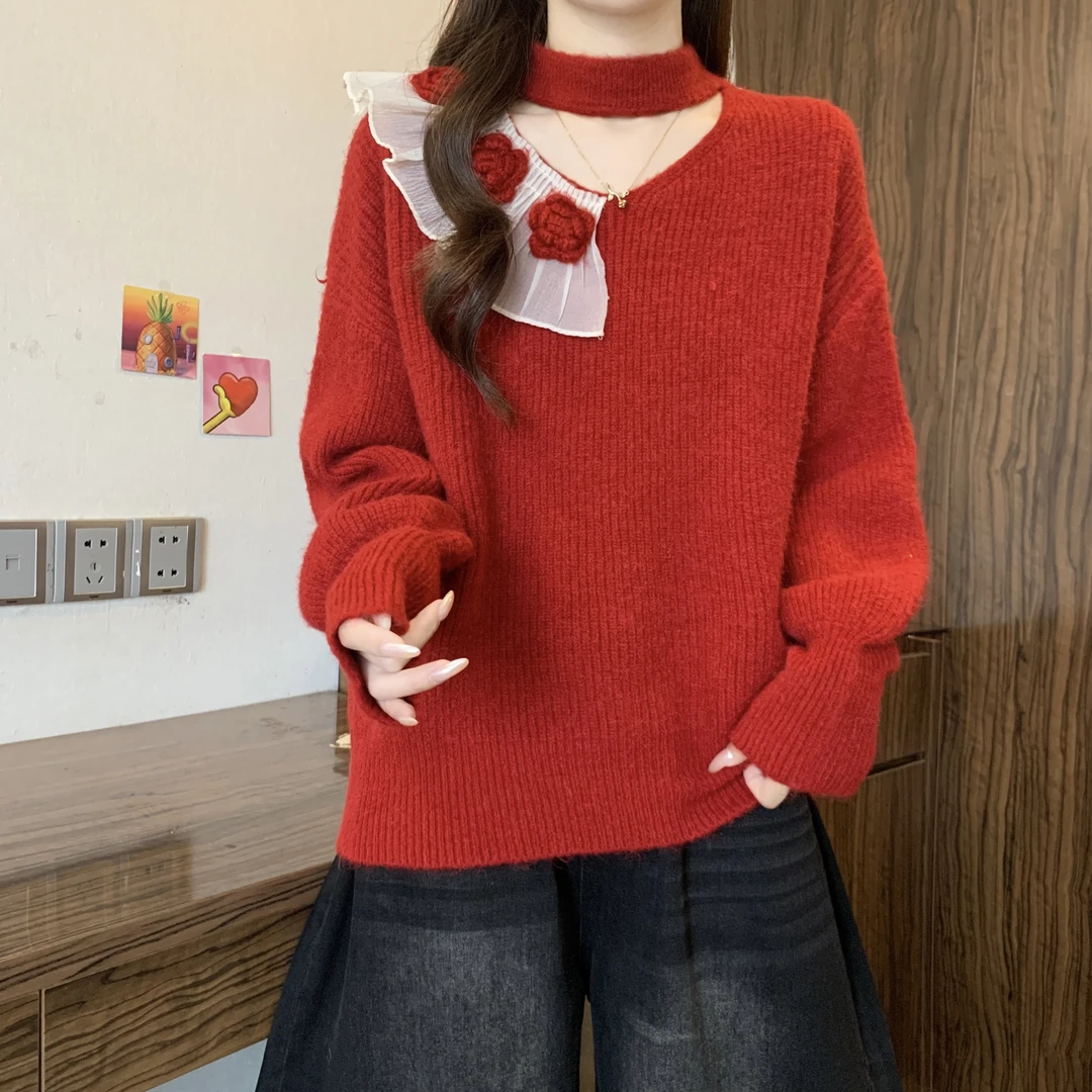 法式温柔氛围感立体花朵镂空毛衣女秋冬新款胖mm减龄洋气漂亮上衣