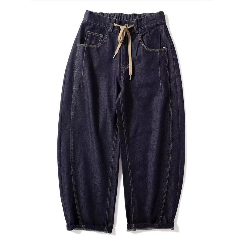 日系休闲随性风分割拼接牛仔休闲弯刀阔腿裤