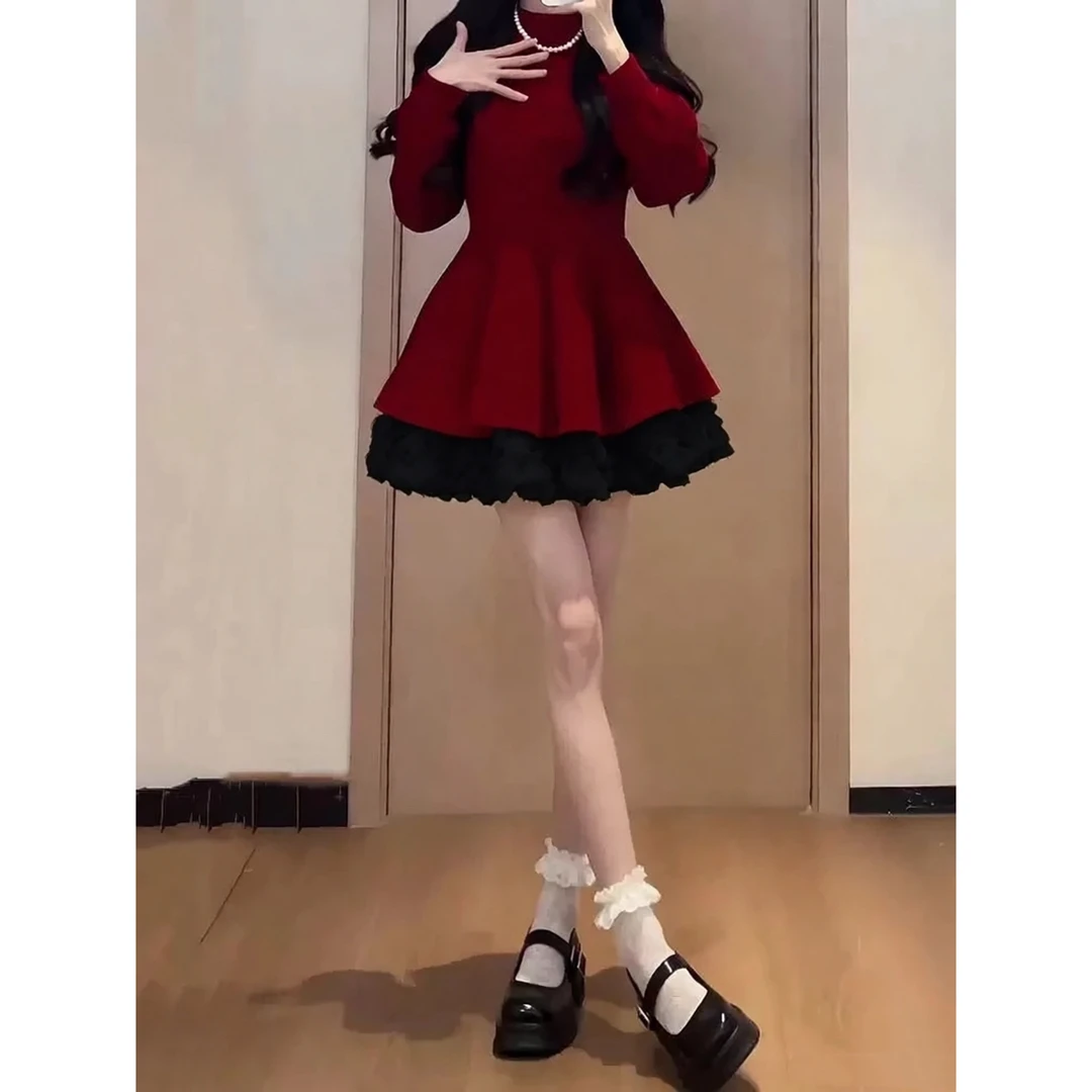 【丸子推荐】松本公主丝绒玫瑰花小黑裙撞色拼接连衣裙短6267长-1