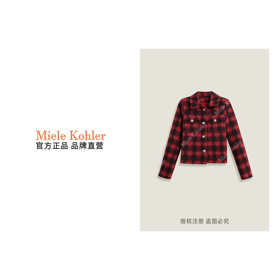 秋季新款设计感红色格子翻领百搭女外套MKKQ89680【澳门小源同款】