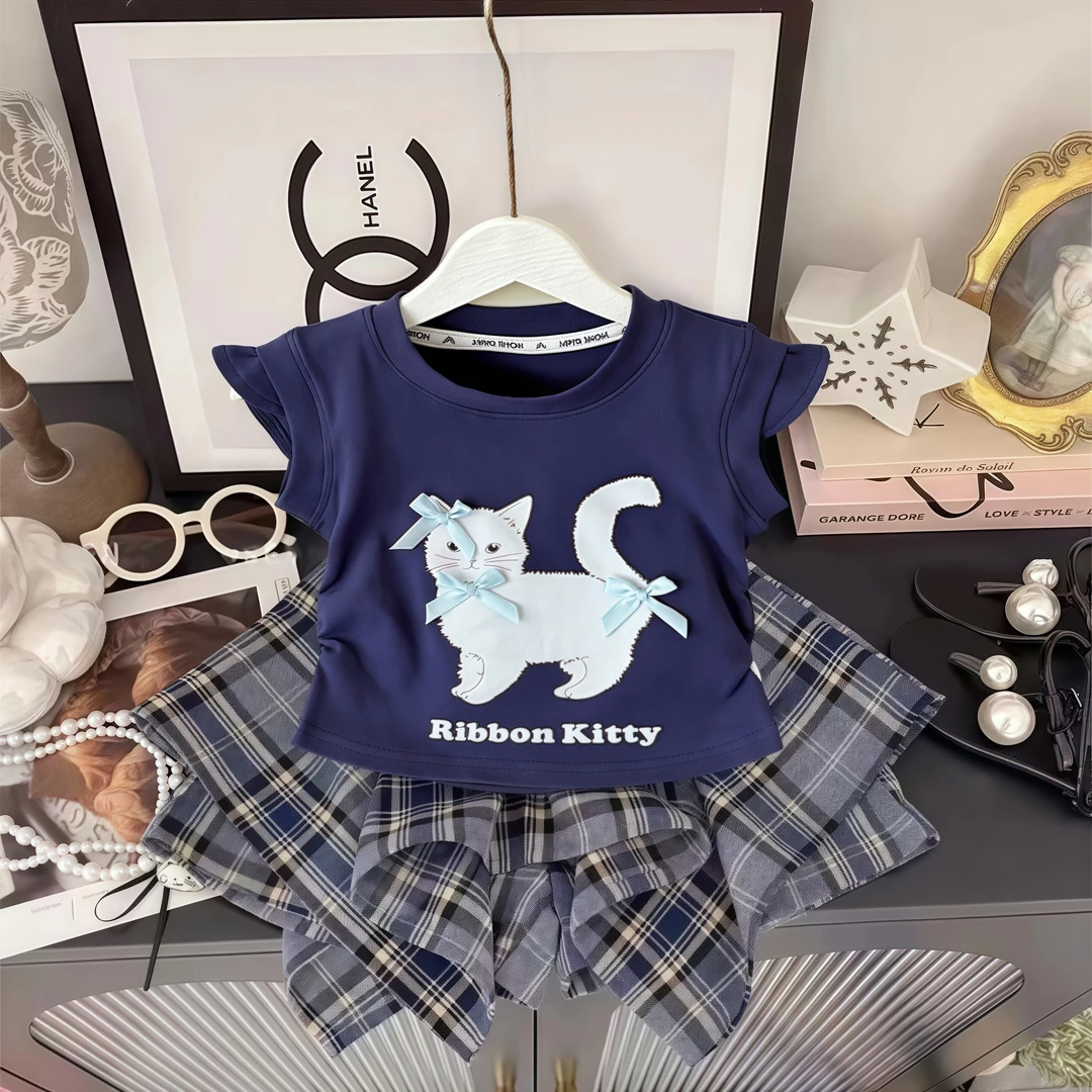 韩版女童2025夏季新款卡通T恤背心假两件格子不规则裙裤两件套潮