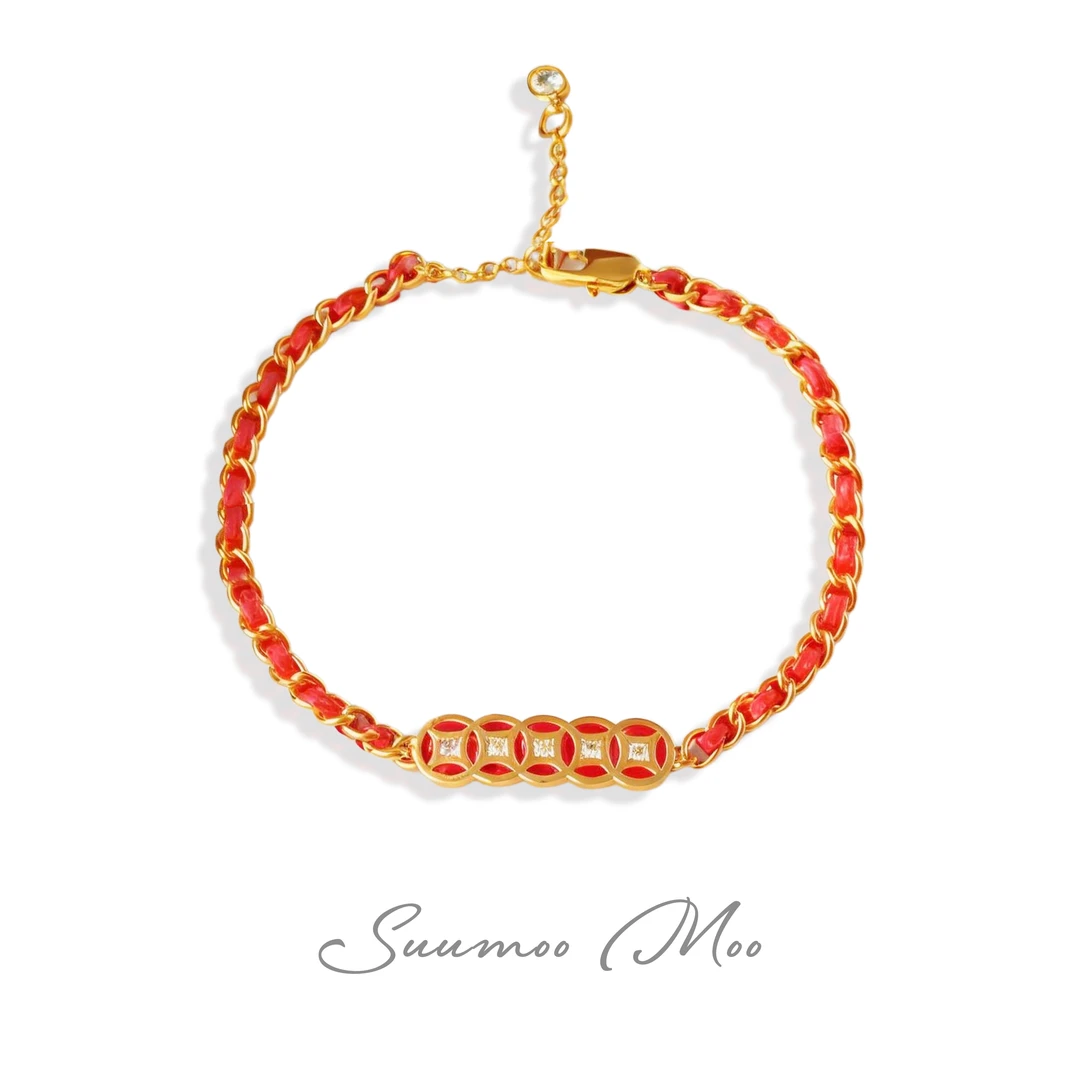 铜合金合成锆石手链 国风新潮铜钱红绳编织手链