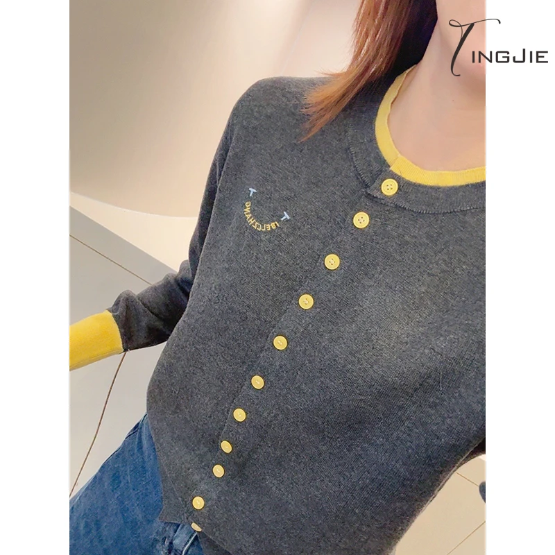 婷姐~春季亮色假两件撞色提花笑脸毛针织衫薄款长袖小众圆领B2499