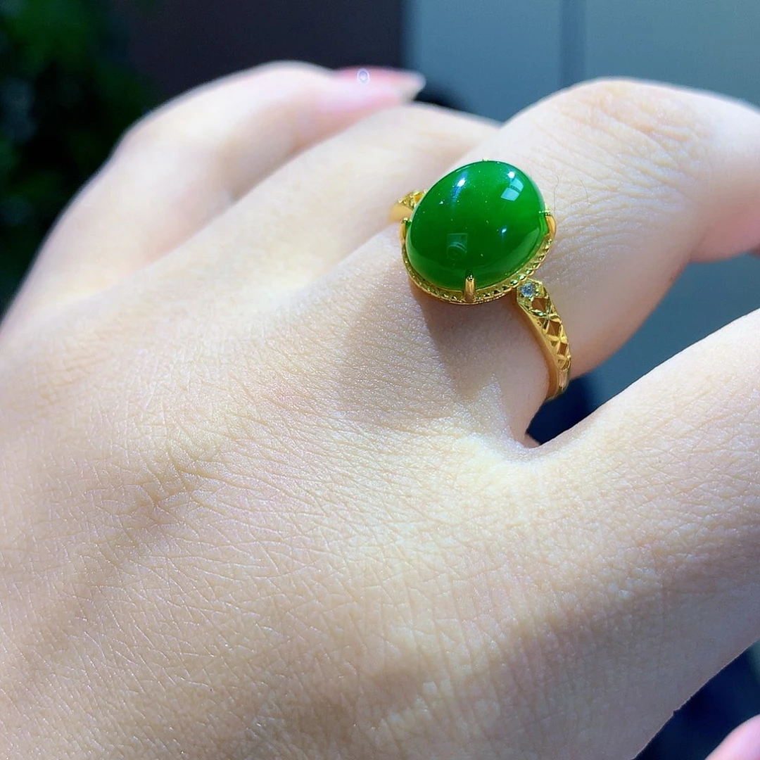和田玉（碧玉）戒指银S925镀金镶嵌
