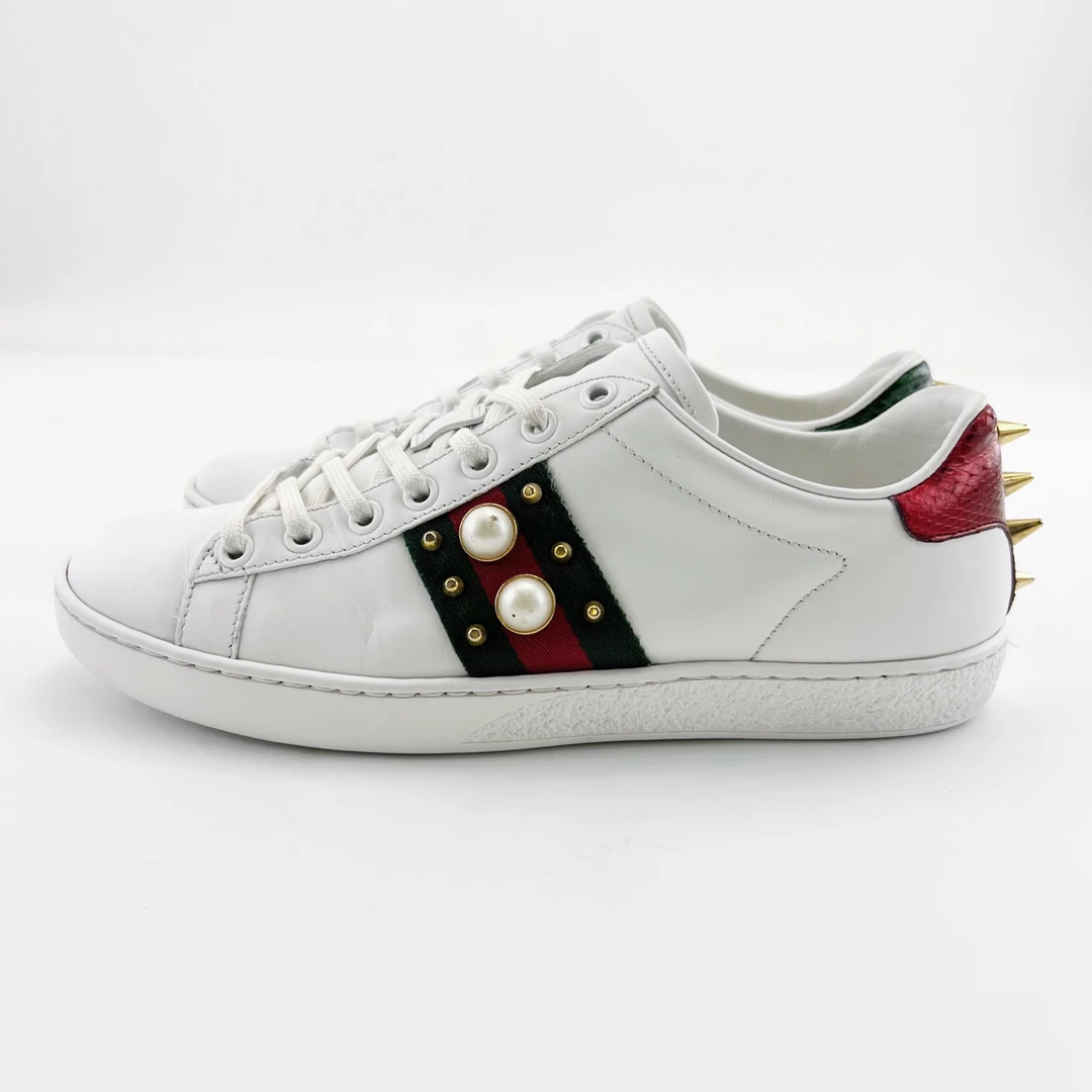 95新 GUCCI/古驰 35.5码/36码/38码/三色织带双色铆钉小白鞋