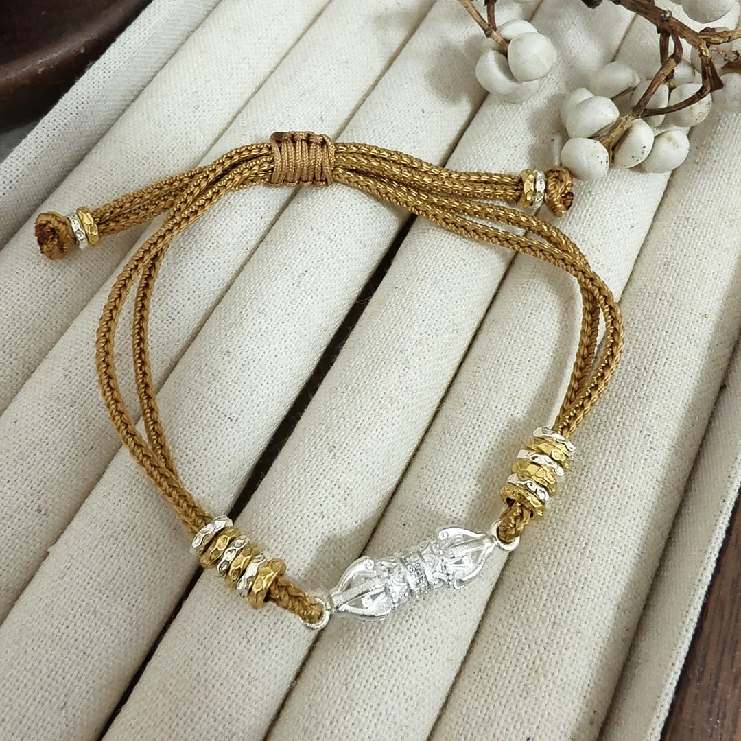 足银手镯 足银999美拉德配色双层编绳手链金刚杵盘缠个性手绳