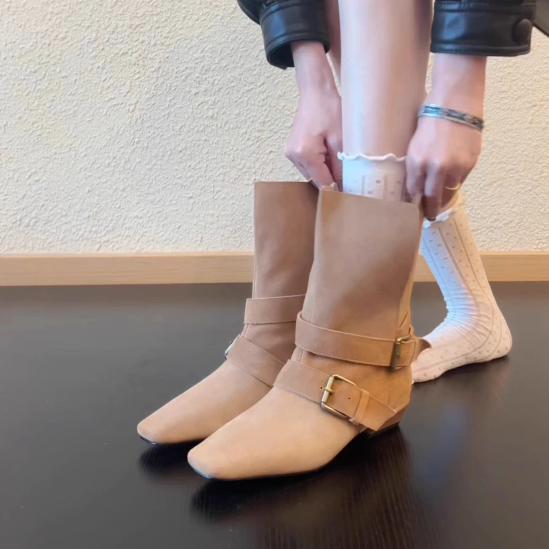 Pokoy-3cm复古磨砂西部牛仔靴皮带扣粗跟方头短靴