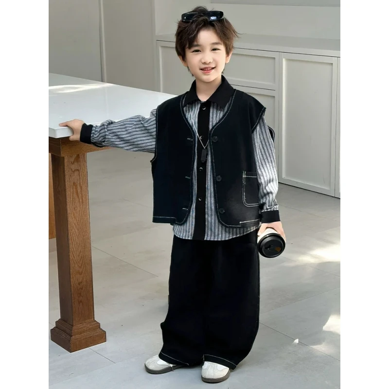 童装男童秋装套装2025新款潮酷小男孩秋季马甲衬衫三件套儿童衣服