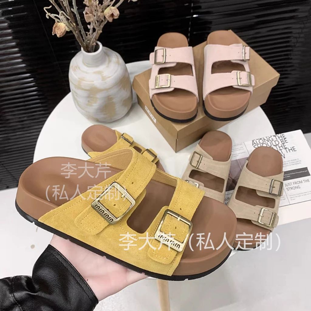 一字带博肯拖鞋  夏季厚底女鞋凉拖鞋拼色森系女复古港风松糕底