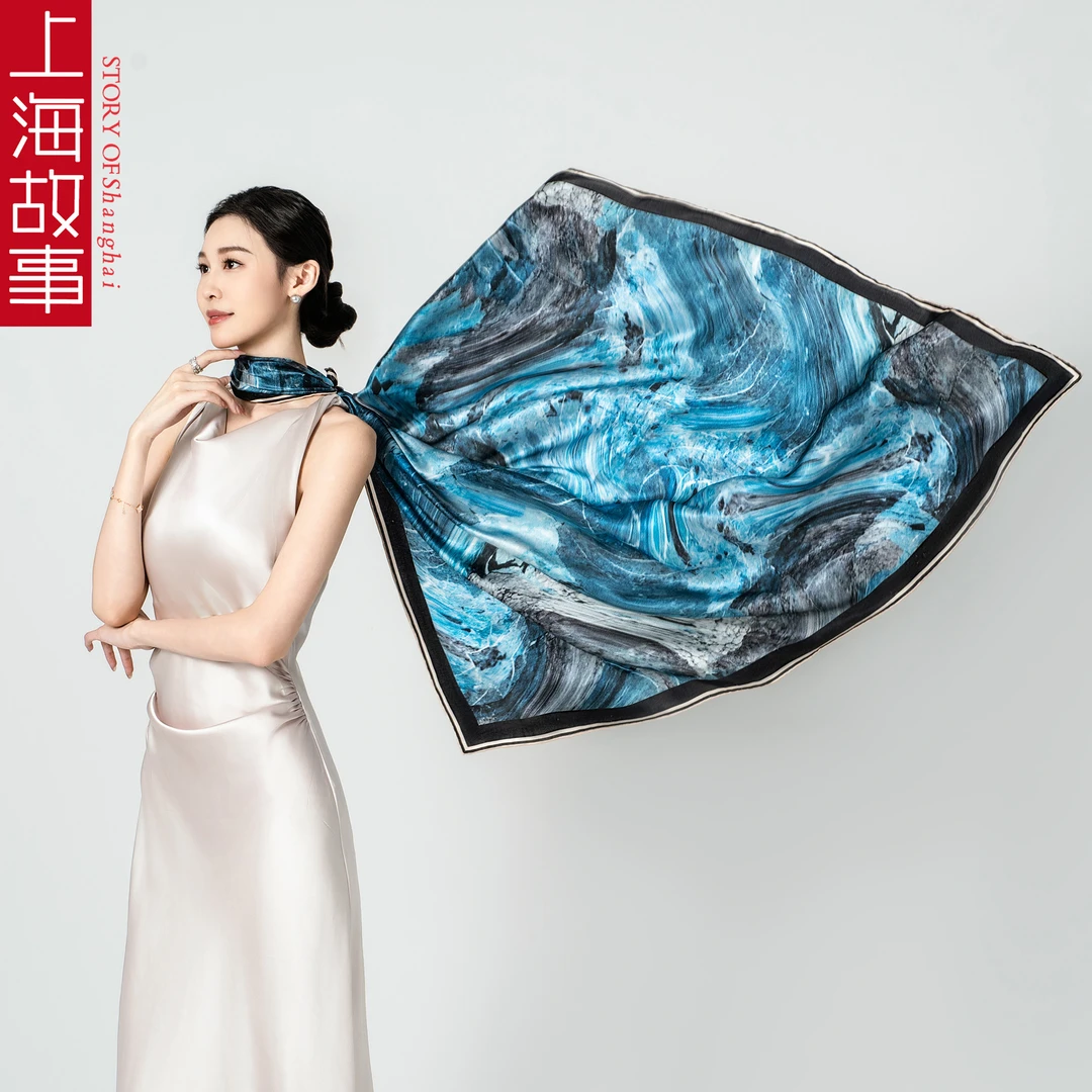 上海故事Z10高端女士丝巾蓝色海洋2025新款方巾100%桑蚕丝