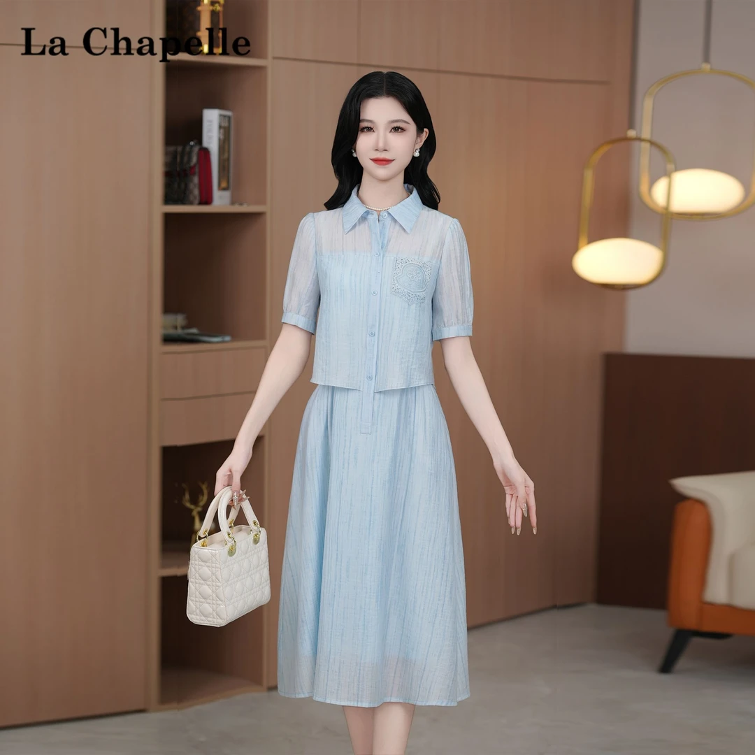 La Chapelle/拉夏贝尔夏季法式设计感显瘦松紧腰短袖连衣裙