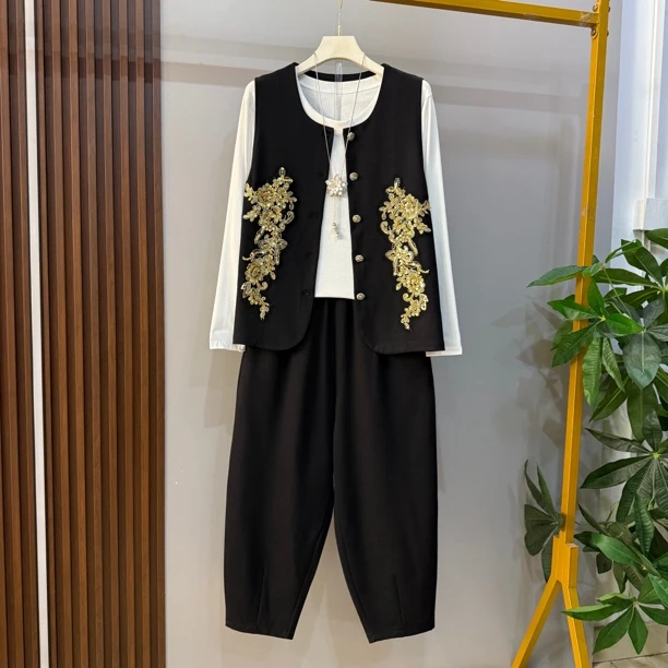 早秋新款时尚气质重工刺绣休闲马甲三件套套装