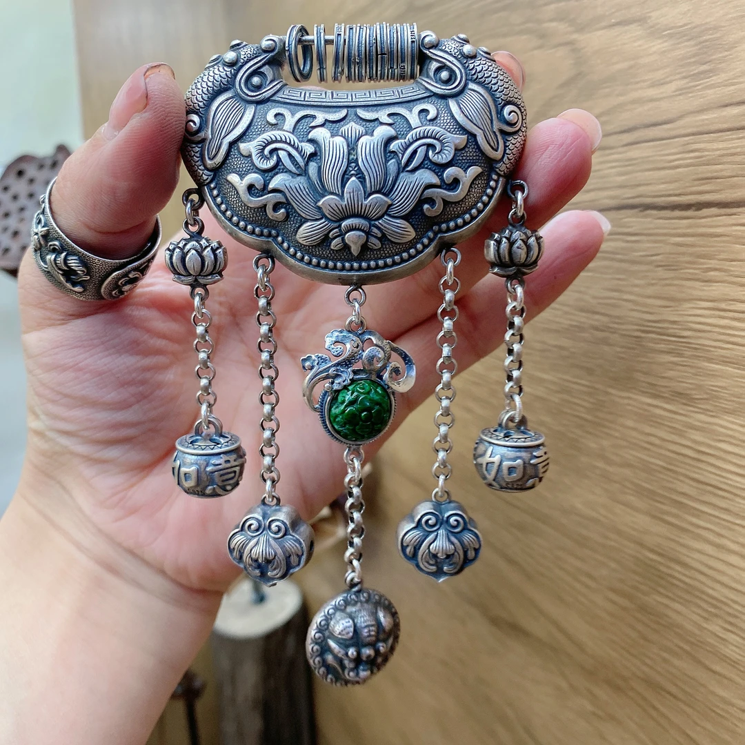 链子925银 英英手工制作錾刻银斜跨链纯银吊坠一套