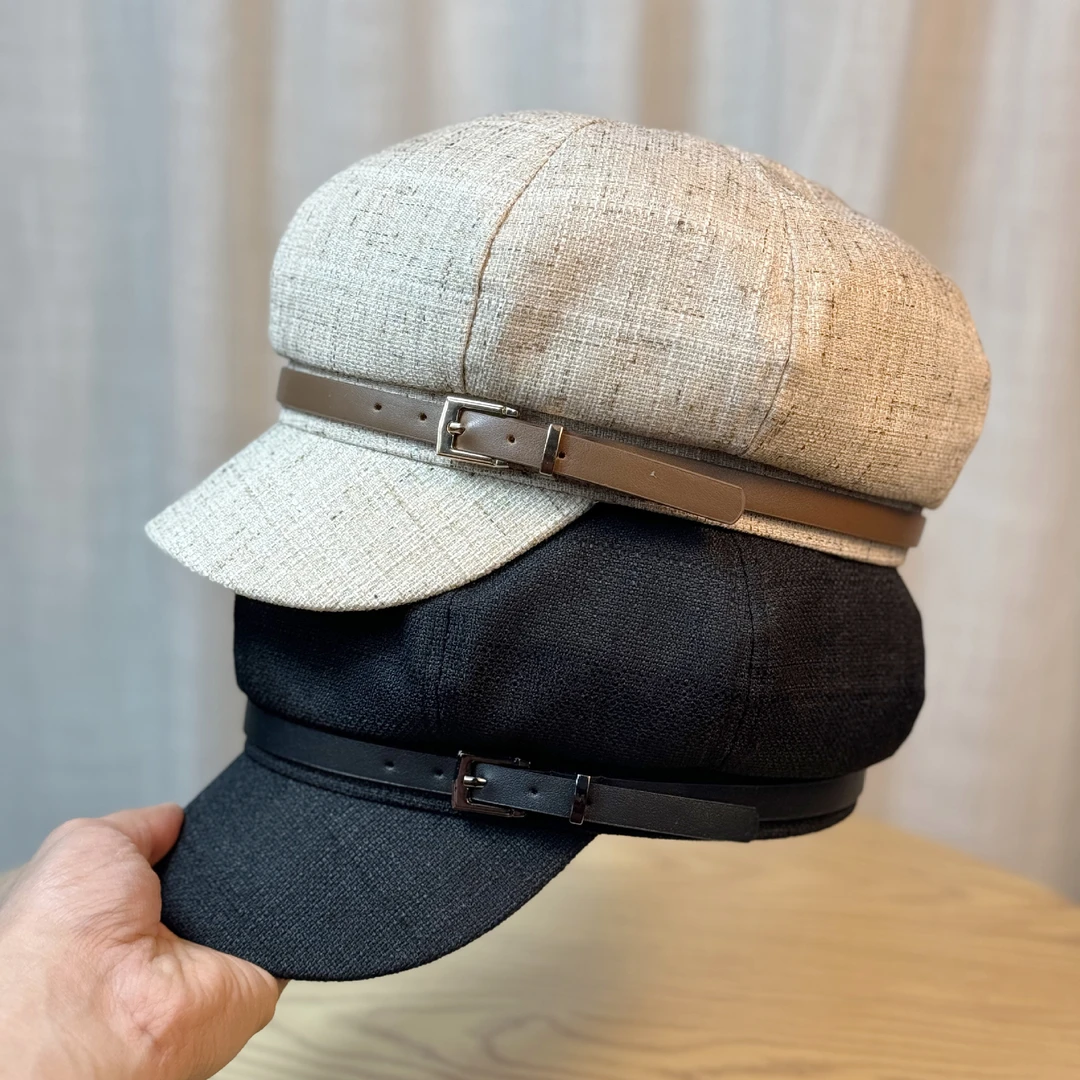 韩版文艺亚麻皮带八角贝雷帽子女春秋季英伦复古弯檐画家报童帽