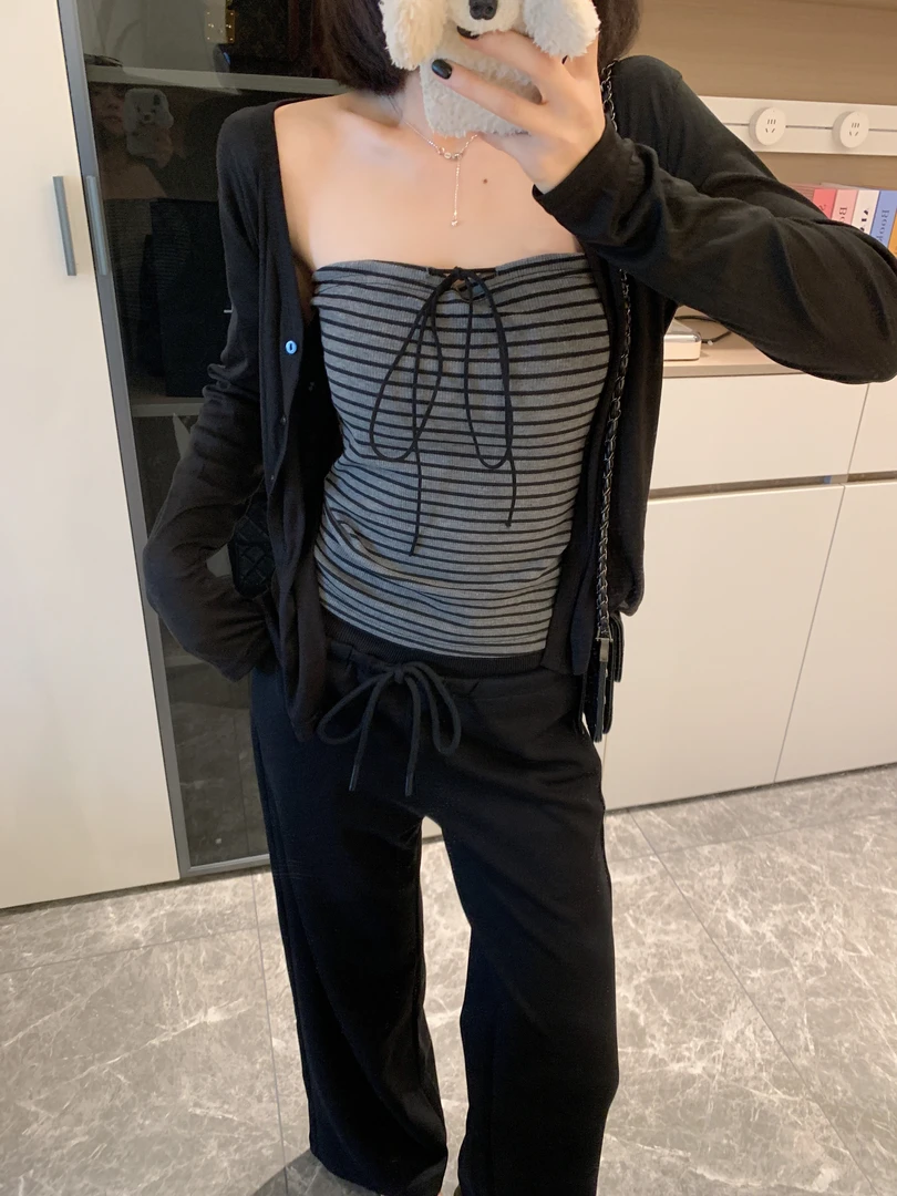 大码胖妹妹甜辣妹复古绑带设计防晒短款小开衫+条纹抹胸叠穿套装