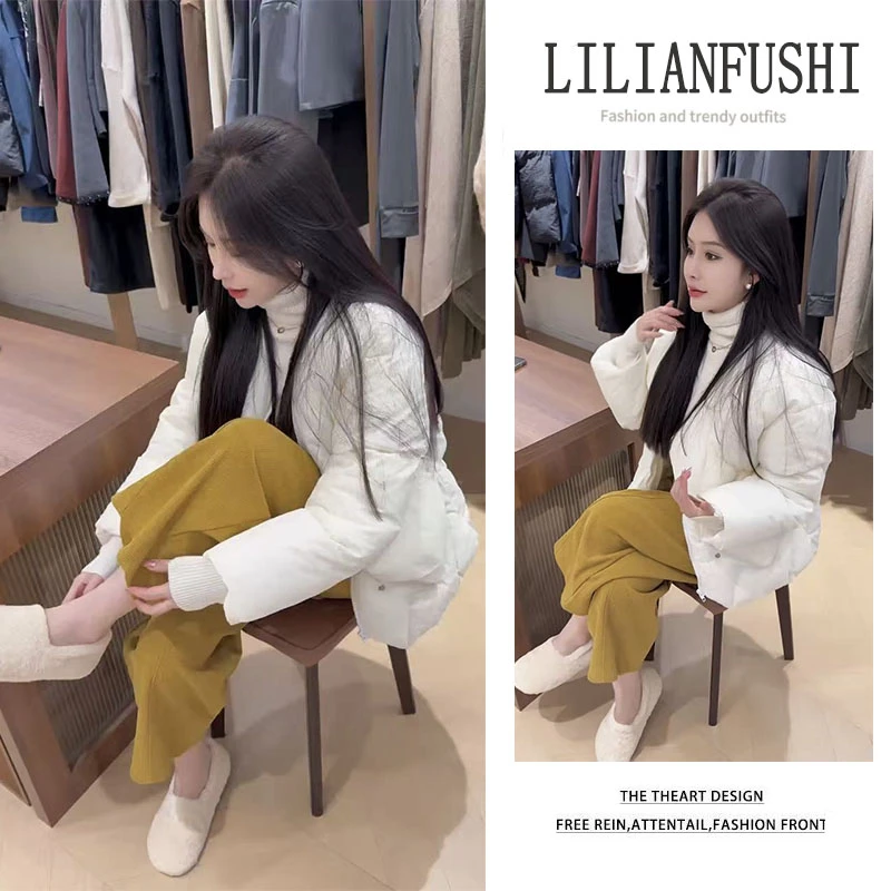 2025秋季新款宽松短款外套百搭高领长袖打底衫显瘦阔腿裤三件套女