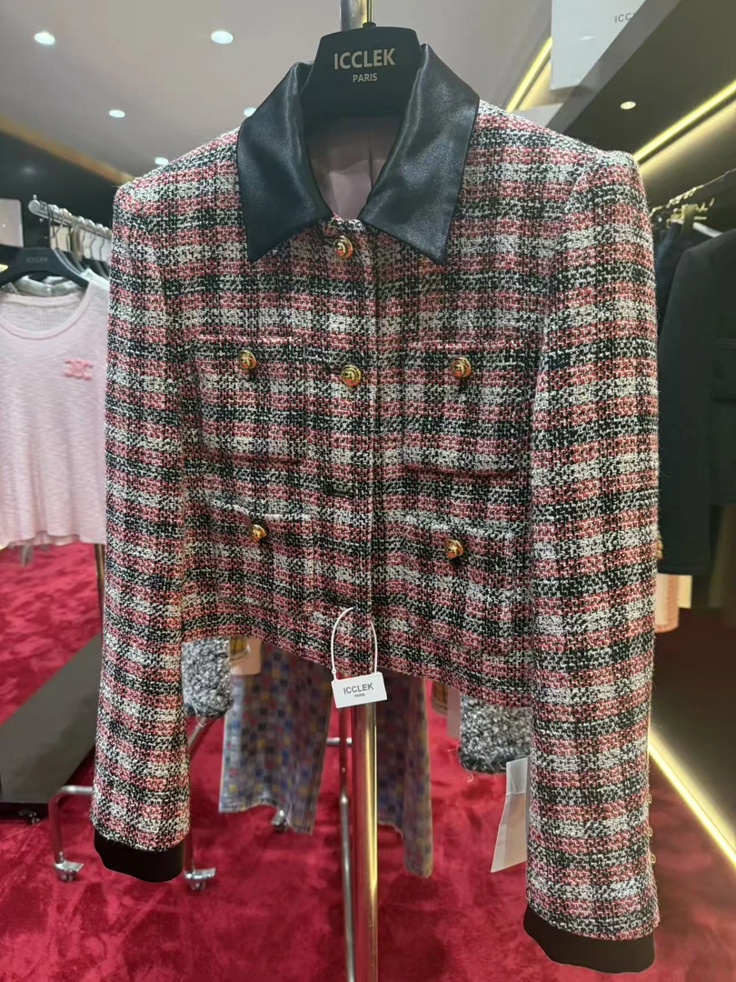 ICCLEK 红色翻领格纹小香风名媛粗花呢短外套 -1562