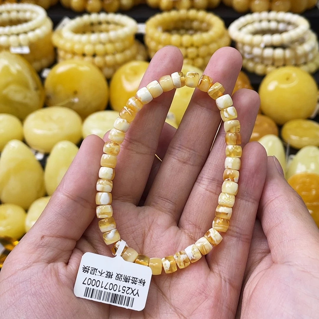 琥珀未镶嵌珠宝奇石5.9mm微瑕金瓷白妖花直切手串