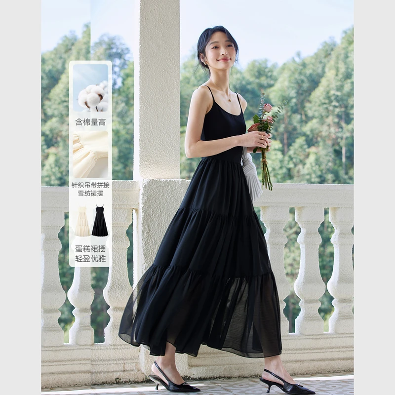 F*优雅淑女黑色吊带连衣裙女辛苦时尚百搭收腰长裙A0983