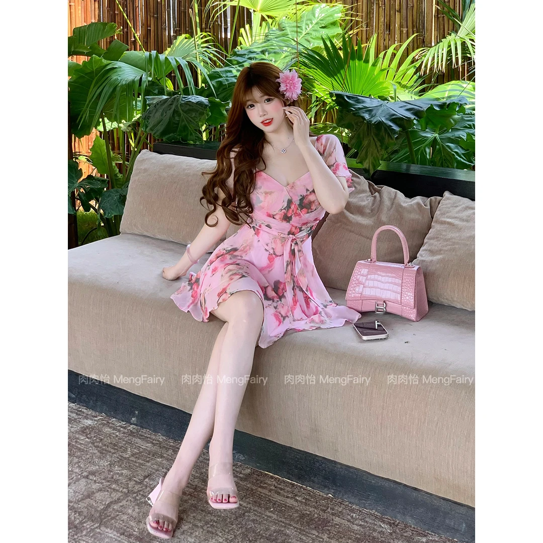 MengFairy现现【花神芙罗拉】小众交叉碎花收腰散摆A字连衣裙4734M