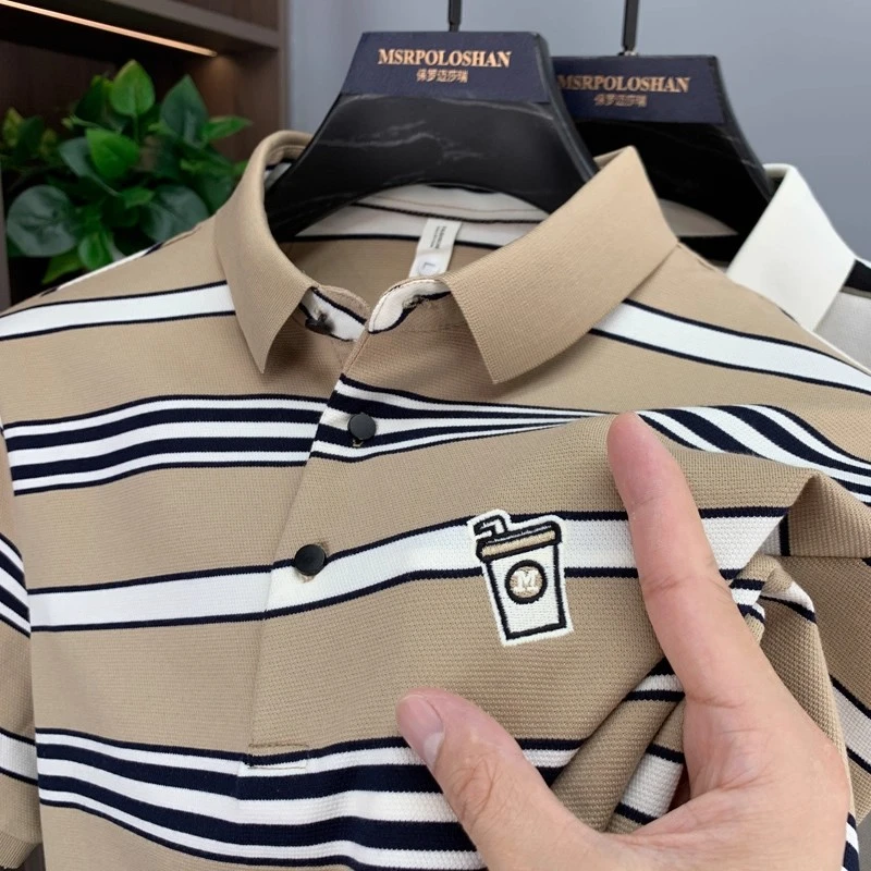 ZaSaFran夏季冰丝短袖T恤男士带翻领高端商务条纹POLO衫透气半袖